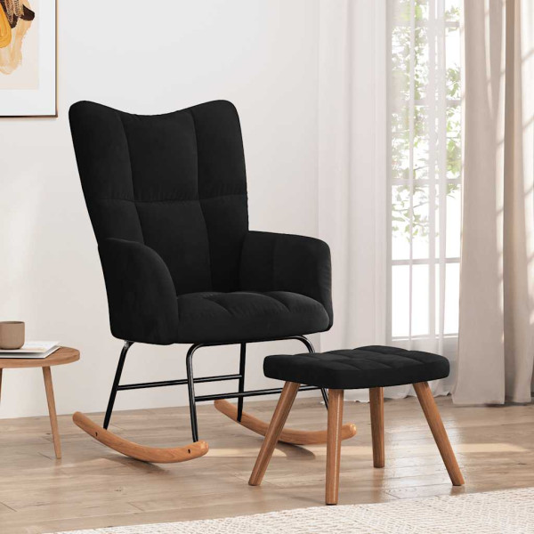Fotel bujany z podnóżkiem, czarny, obity aksamitem 374849