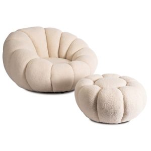 Fotel Obrotowy z Podnóżkiem Pufa Wypoczynkowy do Salonu Teddy PETTIT Beż 566413 Fotel Obrotowy z Podnóżkiem Pufa Wypoczynkowy do Salonu Teddy PETTIT Beż 566413