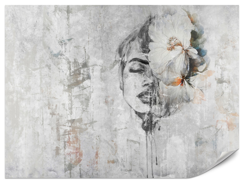 Fototapeta Portret kobiety z pięknym kwiatem na betonie 350x256cm 985586