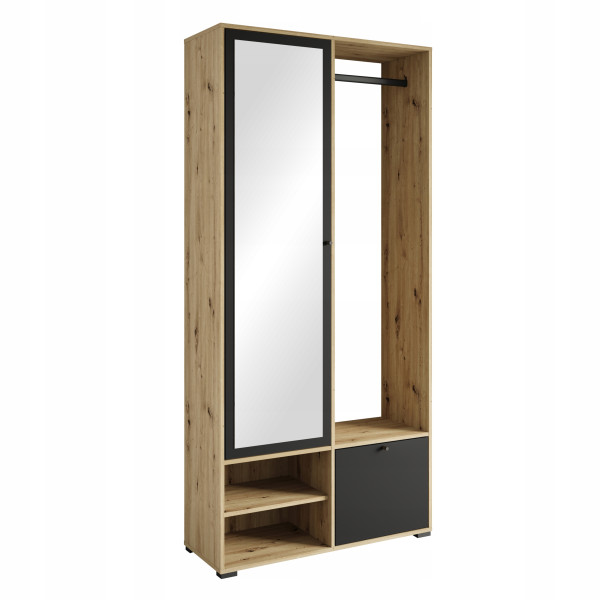 Garderoba 90 szafa do przedpokoju, lustro, półki, drążek artisan/czarny mat 803363