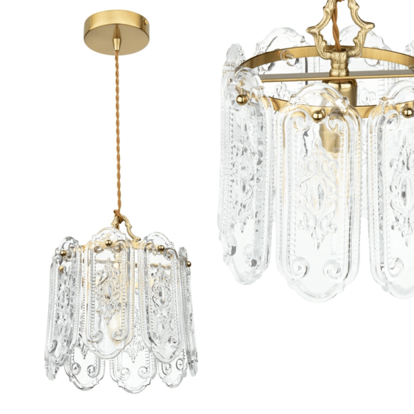 Lampa wisząca szklana zdobione klosze E17 40W złota szklane panele glamour 824592