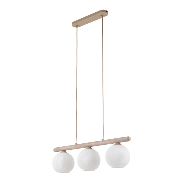 Lampa Wisząca Tk Lighting Virlo Białe Ryflowane Klosze Na Drewnianej Belce 994312